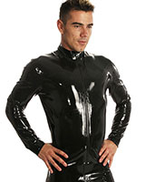 Enge Jacke aus geklebtem schwarzem Latex mit Reißverschluß